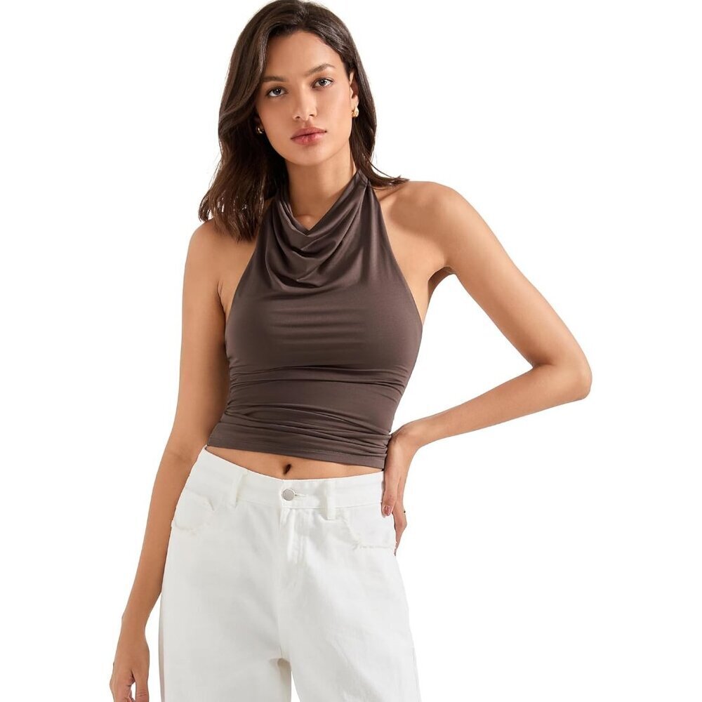 Women Backless Halter Tank Top Cowl Neck Summer Casual Going Out